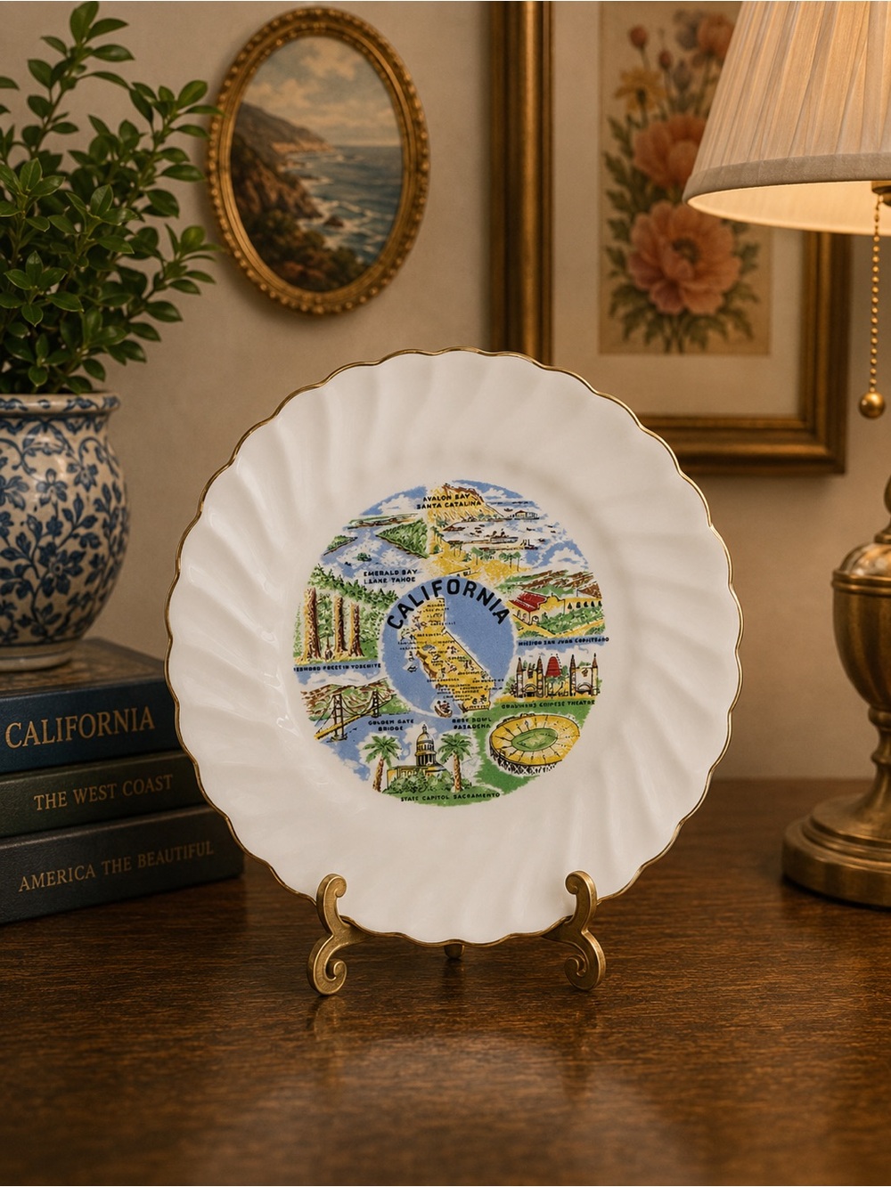 Vintage California State Souvenir Plate with Gold Trim | 6.25” State Dish